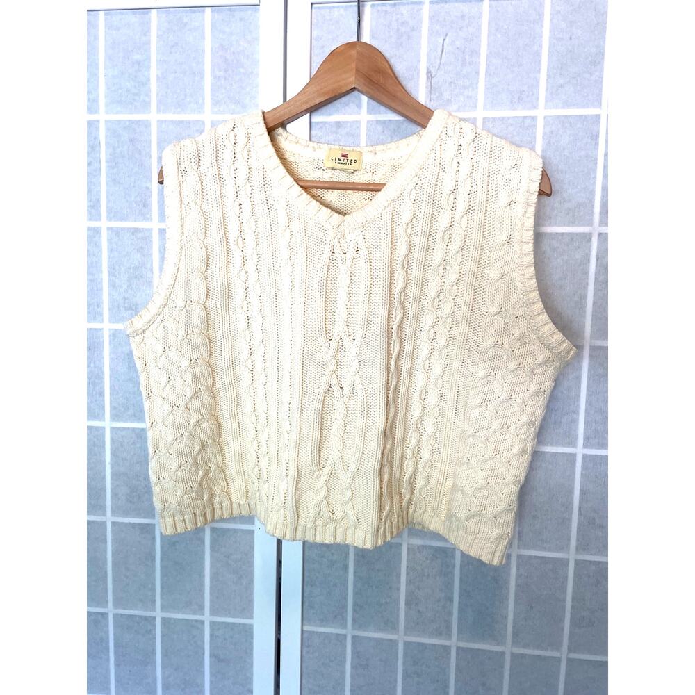 Vintage Limited America Cable Knit Cropped Sweater Vest L Cream Preppy Academia